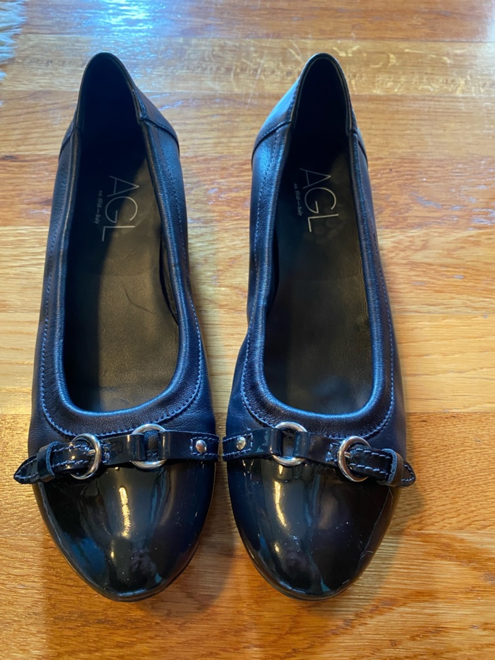 AGL Navy Leather and Patent Toe Ballet Flats with Buckle - Picture 7 of 9